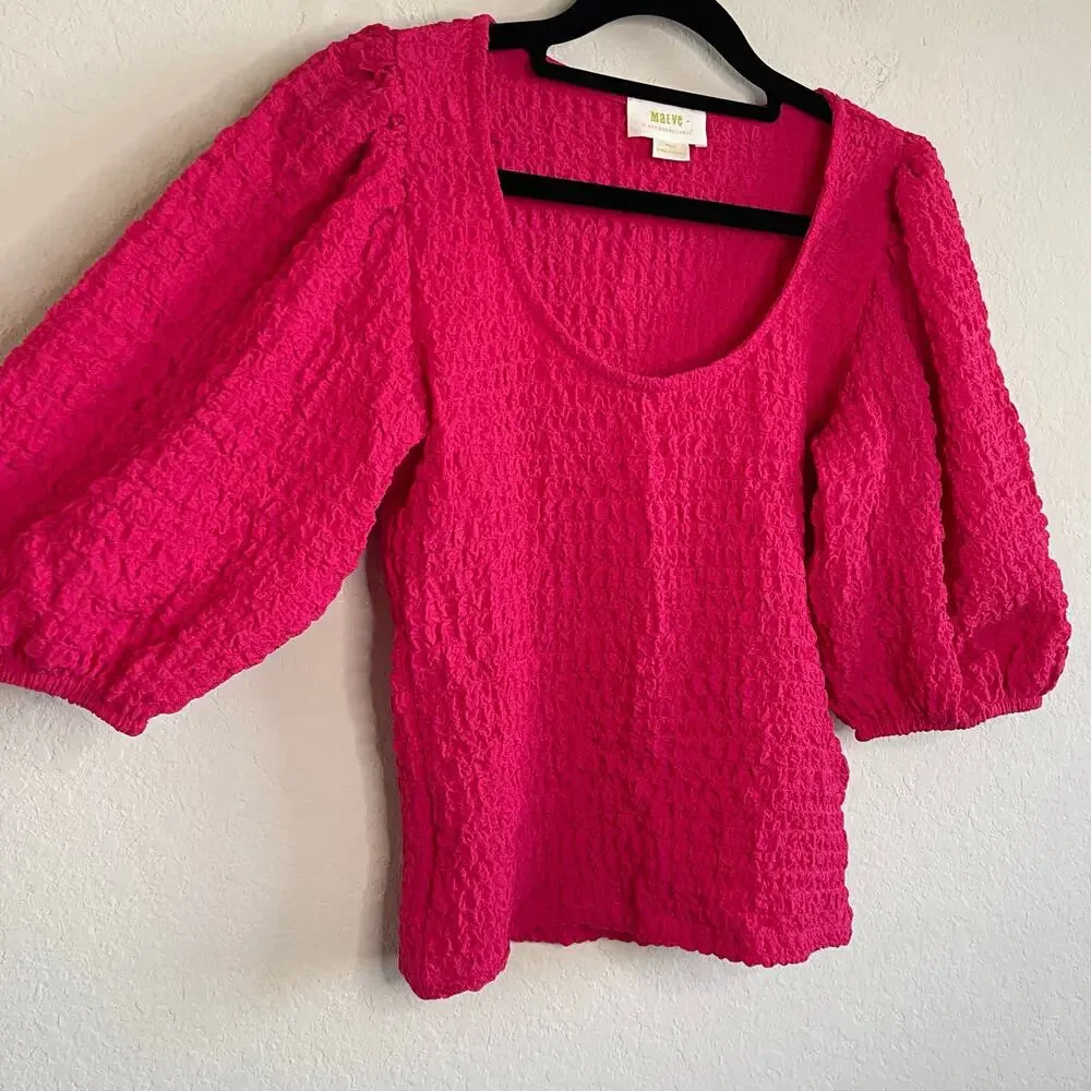 Anthropologie Maeve Balloon Sleeve Textured Top Pink Scoop Neckline - Size XS